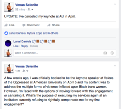 trans-gayle-king:  On February 6th a student organization at American University booked Venus Selenite, a Black trans woman writer and performance artist, for a paid speaking engagement and to facilitate a workshop. However, Venus has not actually been