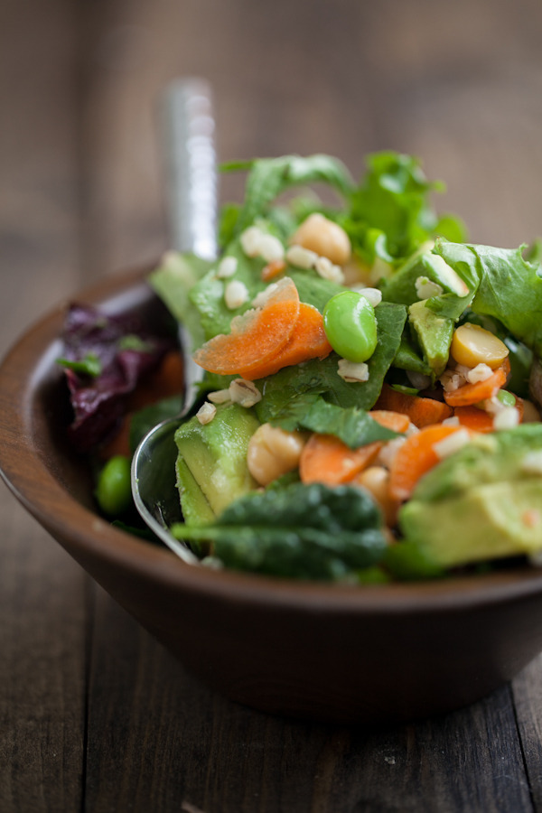 Edamame, Carrot, and Goat Cheese Salad with Cilantro-Lime Dressing