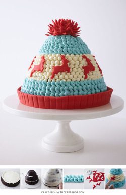 truebluemeandyou:  DIY Winter Hat Cake Tutorial from The Cake Girls at The Cake Blog. This Knit DIY Winter Hat Cake is made of chocolate cake, buttercream icing, fondant reindeers, and a fondant pom pom.   For more festive food go check out my gift blog