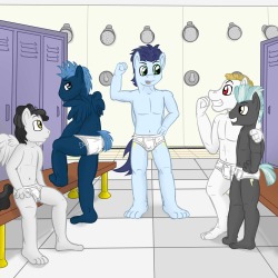 Soarin gives the new recruits a pep talk in the Wonderbolt Academy locker room, and while Roid Rage and Thunderlane are hanging on every word, Star Hunter and Far Sight are perplexed if catching everyone half naked in the middle of getting dressed is