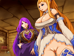 Two oppai hentai babes with big tits having a discussion over the fashion sense of wearing a dress with your entire vagina exposed to the public.