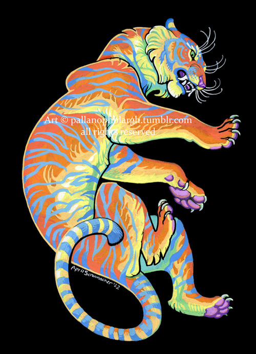 pallanophblargh:  An eyestrain technicolor tiger in an attempt to kick some good into 2022.Posca paint pens on Strathmore black paper, 7x10″ (17.78 x 25.4 cm). Colors virtually untouched, it’s just as much of an eyebleeder in person.