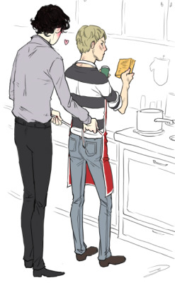 (sherlock&rsquo;s thinkin about how the apron matches john&rsquo;s underwear) lolgirl607: could you draw a really domestic scene b/t sherlock and john where sherlock is tying an apron on john so he could cook their dinner?