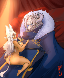 shizuerenai: A commission D&amp;D character for ChaosHound~ of his dragonborn &amp; my Lioness Shizue~   After some walking towards the village they seem to hit it off -just- like that~  // Can you tell I lufff dragons? // Enjoy T//T  cutie~ &lt; |D’‘‘‘
