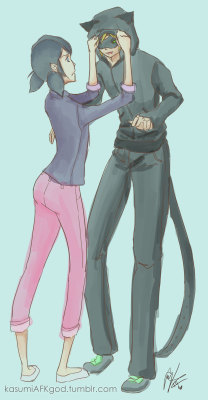 kasumiafkgod:  MariChat Week Day 1: Secret Dating In which Chat insists on taking Marinette on a date while he’s in costume but forgets to hide his tail 