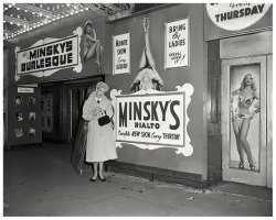 Dardy Orlando         (aka. Rosemary Dardy Blackadder)Poses in front of Minsky’s ‘RIALTO Theatre’ in Chicago.. Dancers Vicki Welles and Valerie Parks can be viewed decorating the marquee..