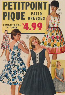 authority-figure:  thepieshops:  Petitpoint Pique Patio Dresses Ŭ.99 Page 5 of the 1963 Summer National Bellas Hess catalog.  Fit and flair  eShakti makes  beautiful retro-ish dresses like this, and best of all, they can be customized to your exact