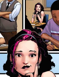 tardiscrash:  fuckyeahyoungavengers:  Meet Ultimate Katie Bishop Newsarama interview (Spoilers for Ultimate Spider-Man)   “Kate, you put one wash out purple streak in your hair. Peter Parker lost his life.”   “Exactly! Life got dark!”