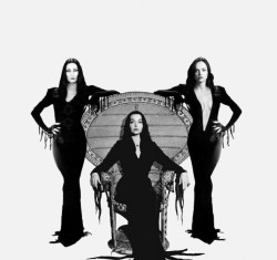 hellboundwitch: rebelspirit31:  Carolyn Jones sitting in her iconic chair with her usual strong pose, with Anjelica Huston and Christina Ricci at her side. Had to finish it otherwise it would have bugged me all night. Wanted a clean finish so no backdrop