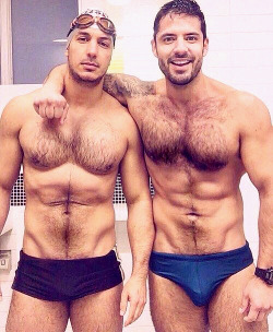 menslockerroomreal:  Two swimmers pose for a pic in the locker room after their swim