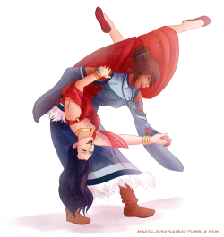 marin-everydaybox:  Finally some Korrasami! Took me long enough, but when I saw that awesome swing dance pose I had to put those two in ;; (like dancing at Zhurricks wedding, haha) I hope I didn’t mess up their dresses