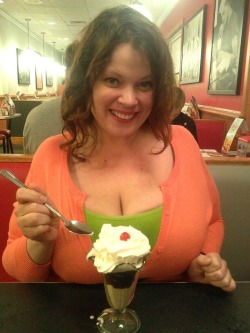 funbaggery:  Top image captured just moments before his monster erection punched through the table, upending her sundae all over her glorious tits.