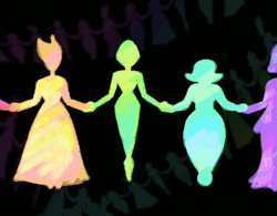 wakor:  𝒲ℯ 𝒽𝒶𝓋ℯ ℯ𝒶𝒸𝒽 ℴ𝓉𝒽ℯ𝓇.  Remember to tag for your followers: gif, gif warning, epilepsy warning, su spoilers, steven universe spoilers Caption: Five multicolored silhouettes representing the gem shards in the