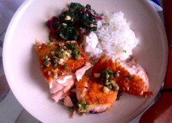 Just made Salmon w/ rainbow chard and white rice. Trying to eat healthy cuz I feel not good.