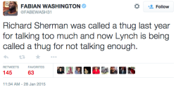 sophisticantsophia:  kingjaffejoffer:  This is real. And if you’re unaware of all the hateful remarks Lynch is getting you should check out the comment section on Pro Football Talk or journalist Twitter accounts. The journalists are smart enough not