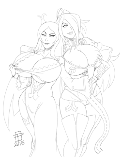 pinupsushi: Double-double dragons by CallMePo Mature commission for Rudeboy of Garnet McClaine and Machina  from Dragonaut: The Resonance trying to embarrass each other. 