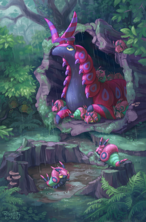 rileykitty: It’s a rainy day for scolipede and her little ones. Working on this piece last summer for @bugoffpkmnzine was a delight!  