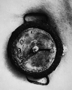 A clock in Hiroshima, destroyed during the atomic bombing of the city on August 6, 1945. Its time marks the moment when the bomb exploded: 8:15 AM.
