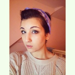 Got this bandana so I can hide while my hair grows :)   #selfie #me #lilac #bandana #knitted #sweater #face #eyes #quiff #hair #piercing