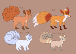 cheeziesart:I decided to revamp the designs for my vulpix variations I made a year and a half ago. I’ve mainly fleshed them out to be used in a story among some of my ask blogs. More or less, Reds are based off of Kyubey and Arctics based off of Inari’s