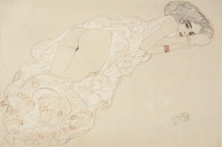 hipinuff: Gustav Klimt (Austrian: 1862-1918), Reclining Nude Lying on Her Stomach and Facing Right, 1910. Pencil, blue and red crayon, 37 x 56 cm. 