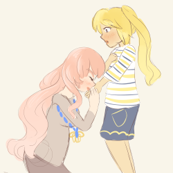 pastellrain:  @dashingicecream luka is kissing neru’s hand in a moment of weakness and they’re both blushing  neru probably hurt her hand after punching something too hard in frustration (because she’s neru) so luka shyly kisses it to make it better