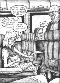 freespiritfieldsforever:  kierandoodles:  Illustration for Goo Prone, Black ink, 2013.“While riding a Greyhound bus back home for 20 hours, I became acquainted with a meth head who was heart broken because her ex-boyfriend stole her bail money and then