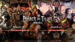 erensjaegerbombs: FUNimation has announced an Attack on Titan recap movie theater showing On March 27th and March 28th, in select US theaters, FUNimation will be showing the 1st and 2nd recap movies, respectfully, as a refresher just before Season 2 of