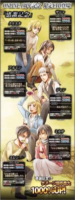  Historia, Sasha, Jean, Armin, Eren, and Mikasa are featured in Hangeki no Tsubasa&rsquo;s new special class, which celebrates the game&rsquo;s 1st anniversary online and is a &ldquo;Thank You&rdquo; to users!  The original Isayama drawing also has Connie