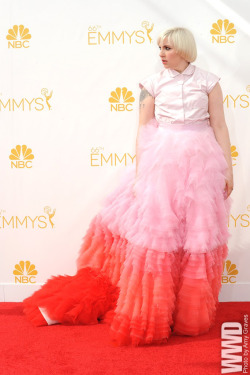 reverseracist:  jackanthonyfernandez:  womensweardaily:  On the Red Carpet at the 2014  Emmy Awards Lena Dunham may have made the biggest visual impact — and not for the right reasons — but at least she had heads turning in her voluminous pink ombré
