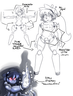 doing another webcomic! “Swapbots”design for my characters.  made a study sketch of the characters Mp-1 &amp; AMOS-8Mp-1 aka Mckenzie Pattonshe is a close quarter combat bot, she relies on agility, speed  and strength. since, most people fight long