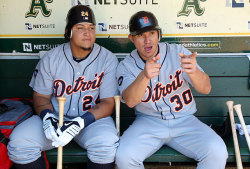 siphotos:  Miguel Cabrera and Magglio Ordóñez joke around in their dugout before the Tigers game against the Athletics on May 20, 2010 in Oakland, CA.  Ordóñez, a six-time MLB All-Star with a career .309 average, turns 40 today.  (Brad Mangin/SI)