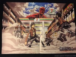My first Shingeki no Kyojin merchandise haul for today - the official poster from the 2015 SnK x 7-Eleven collaboration, featuring Colossal Titan, Mikasa, Armin, Eren, and Levi amongst 7-Eleven store shelves!(SnK manga volume 18 in the second photo for