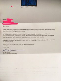 slimy: official-jeff-kaplan:   samtheultimatetransguy:  So I wrote a letter to Jeffrey Kaplan and he responded and confirmed to me that Symmetra has autism!  He also sent me magnets and made me feel special  Holy shit?? Holy shit??   @xicanolangblr 