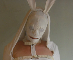 trinaechidna:Bunny Rabbit Gimp Mask White Canvas Small Handmade by Tsukatta 