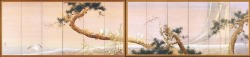 fujiwara57:  byōbu-e 屏風絵 - “Kureru Isobe 暮れる磯辺” (Shoreline at Dusk), 1910Paire de paravents de six panneaux - encre minérale, couleurs, gofun   胡粉  (poudre fine de coquilles d'huître  ) et argent - peinture, flocons d'argent