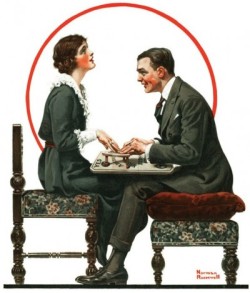 weirdvintage:  Norman Rockwell illustrated this cover of the Saturday Evening Post for the May 1, 1920 edition, featuring a couple getting cozy with a Ouijia Board.  At a time when men and women needed to conduct themselves with decorum together, the