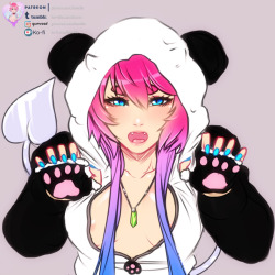   Finished Law (OC) in a panda costume, colored sketch for SexyHair ^-^ Hi-Res version up in Patreon! Also you can donate me some coffees through Ko-Fi