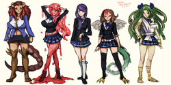   I&rsquo;ve been working on an original yuri comic idea involving monster girls. &gt;:) Rough concepts for some of the cast.  