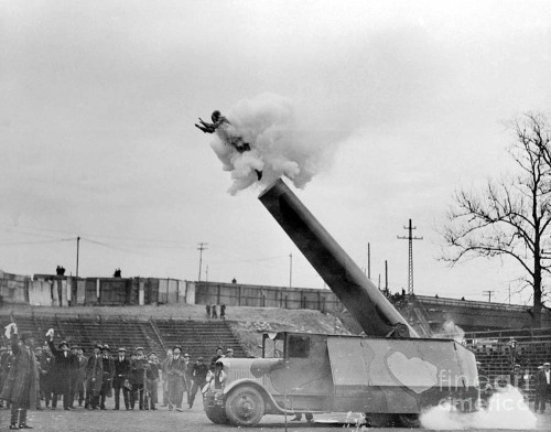 newyorkthegoldenage:The Human Cannonball, Hugo Zacchini, is shot out of the mouth of a specially constructed   compressed-air   cannon designed by his father. This was a demonstration to promote the   Ringling Bros. and Barnum &amp; Bailey Circus, of