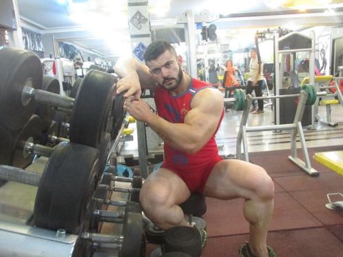 Muscle men flexing big biceps