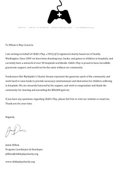Hey guys! Here&rsquo;s the OFFICIAL letter from Child&rsquo;s Play congratulating us on exceeding our goal of ๠,000! Thank you all so much for contributing! I can&rsquo;t wait for the next one!