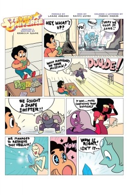 pixieieie:stevenuniversesu:Steven universe comic by kaboom!Written by Rebecca Sugarplease stop being so cute my heart is frail and weak  Ancient nigh-immortal magical rock warriors from space collaboratively write/draw/color a comic book to cheer up a