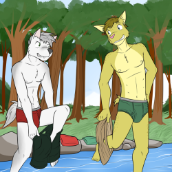 Luke and Adam goin’ for a dip in a shallow river.  Going back to the “Furry Texas AU” thing, couple more side characters for each of the other characters.  This guy is Luke the wolf, and much like Ian with Mond, this guy’ll be the counterpart