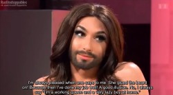 hatpire:  thefabulousconchitawurst:xSince Eurovision last year I’ve seen a ton of people confusing Conchita as a beacon of transgender pride and it’s always irked me. She isn’t transgender and has never claimed as such, as the image set here shows.