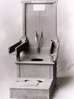 Restraint chair for violent patients This chair was used to control violent patients at the New York State asylum in the early 20th century. An unruly patient&rsquo;s arms were strapped into the wooded wells, feet secured to the floor, and a belt tied