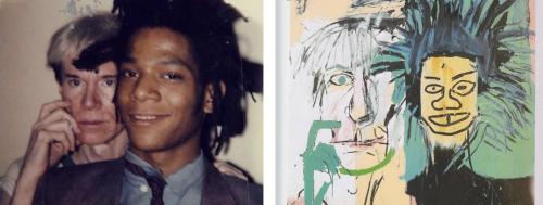 blondebrainpower:Photo taken by Andy Warhol when he and Jean-Michel Basquiat were formally introduced on October 4, 1982. After the photo was taken Basquiat rushed to his studio and within two hours delivered a painting of it to Warhol, still wet.
