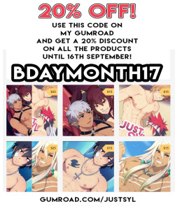 Since this month was my birthday, I decided to also give a little gift for those who are looking over my art!Just for one week! Get 20% off on my gumroad with this code!: BDAYMONTH17 https://gumroad.com/justsyl