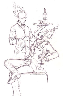 yunasakura:  REALLY rough sketch of Grillby &amp; UF!Grillby (first time I drew them!) for a new friend I met on an RPG app game called Unison League. She suggested a lot of UT fics/comics that I have not checked yet so I’m thankful for the direction