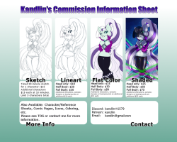 Been taking commissions every week now, but they fill up fast.  Wanted to get a new commission sheet out with updated prices and information.  Also wrote a new TOS to help answer any burning questions about the process: https://goo.gl/EJvwDY